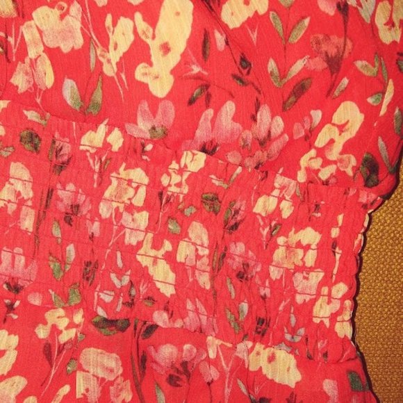 Sam Edelman Orange Coral Floral Sleeveless Smocked Handkerchief Hem dress Sz L - Picture 10 of 15